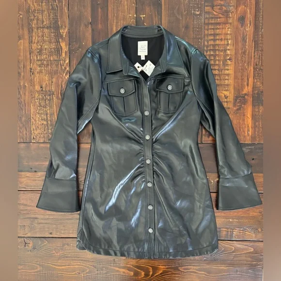 Cinq a sept Alizee Vegan Leather Mini Shirt Dress in Black. Size 10. NWT. - Picture 5 of 9